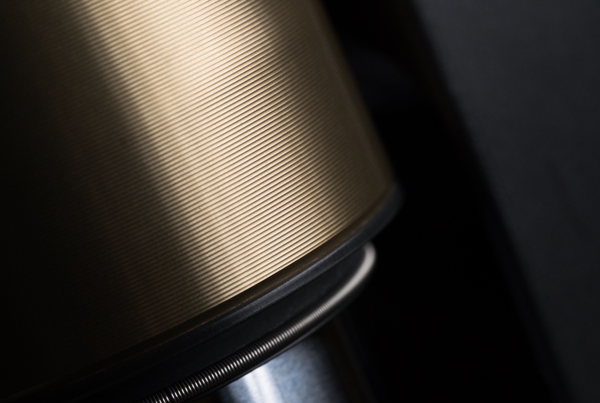 Close-up macro photograph of a BMW S1000R front fork and brake assembly.